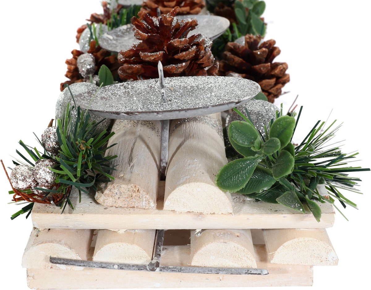 Advent arrangement MCW-M12 met kaarsenhouders, adventskrans kerstdecoratie hout zilver wit 18x49x13cm ~ zonder kaarsen – foto 2