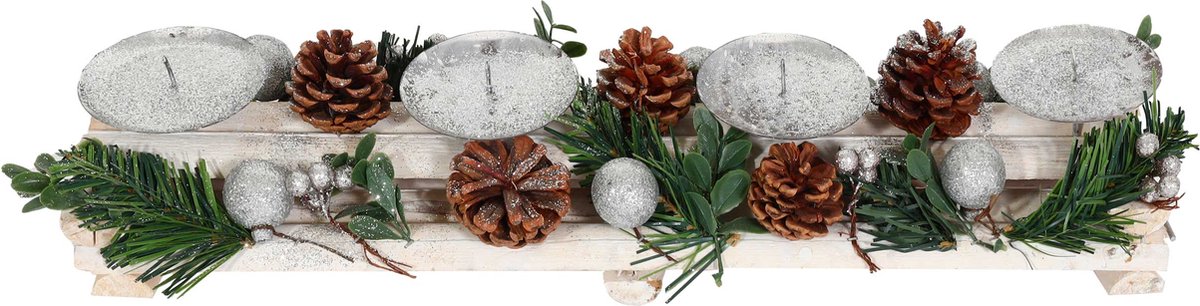Advent arrangement MCW-M12 met kaarsenhouders, adventskrans kerstdecoratie hout zilver wit 18x49x13cm ~ zonder kaarsen