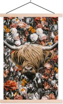 Posterhanger incl. Poster 60x90 cm - Schoolplaat - Schotse hooglander - Bloemen - Rozen - Textielposter - Blanke latten