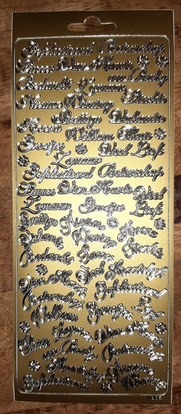 Stickervel goud tekst nederlands - Vaessen Creativ 1865 - zelfklevende gouden stickers - 52x diverse teksten - Hartelijk Gefeliciteerd, zomaar, van harte, beterschap, groetjes, een baby, liefs, succes etc. - 12x bloem