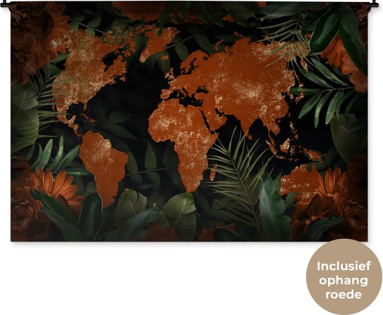 Wandkleed WereldkaartenKerst illustraties - Bruinoranje wereldkaart omlijst met tropische bladeren en oranje bloemen Wandkleed katoen 180x120 cm - Wandtapijt met foto