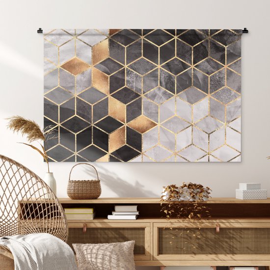 Tapisserie - Tapisserie - Abstrait - Cube - Or - Motifs - Zwart - Wit - 150x100 cm - Tapisserie