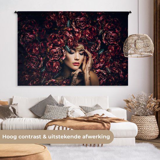 Wandkleed - Wanddoek - Vrouw - Bloemen - Henna - Portret - 180x120 cm - Wandtapijt