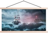 Posterhanger incl. Poster - Schoolplaat - Zee - Boot - Storm - Vuurtoren - 150x75 cm - Blanke latten