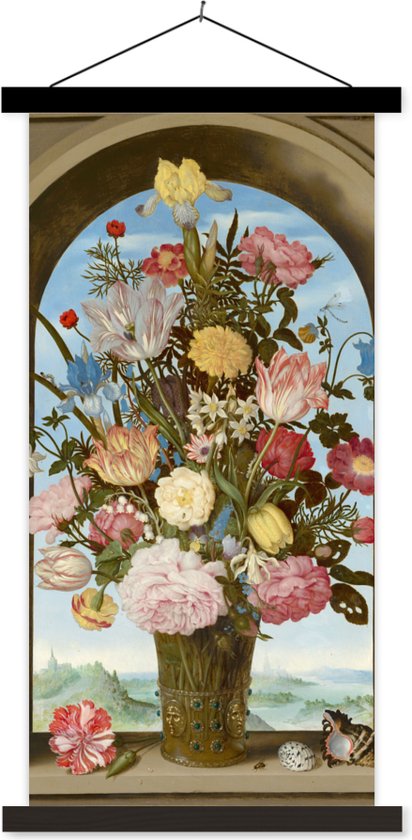 Porte-affiche avec affiche - Affiche scolaire - Vase avec des fleurs dans une fenêtre - Peinture d'Ambrosius Bosschaert l'Ancien - 40x80 cm - Lattes noires