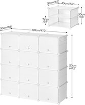 Schoenenrek met 12 vakken, schoenenkast, voor 48 paar schoenen, 40 x 30 x 30 cm per vak, smal, met deuren, kunststof, voor woonkamer, slaapkamer, hal, ingang, wit EWT38SC01G1