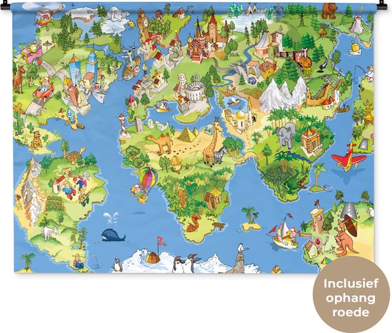 Wandkleed Eigen Wereldkaarten - Kinder wereldkaart dieren en gebouwen Wandkleed katoen 120x90 cm - Wandtapijt met foto