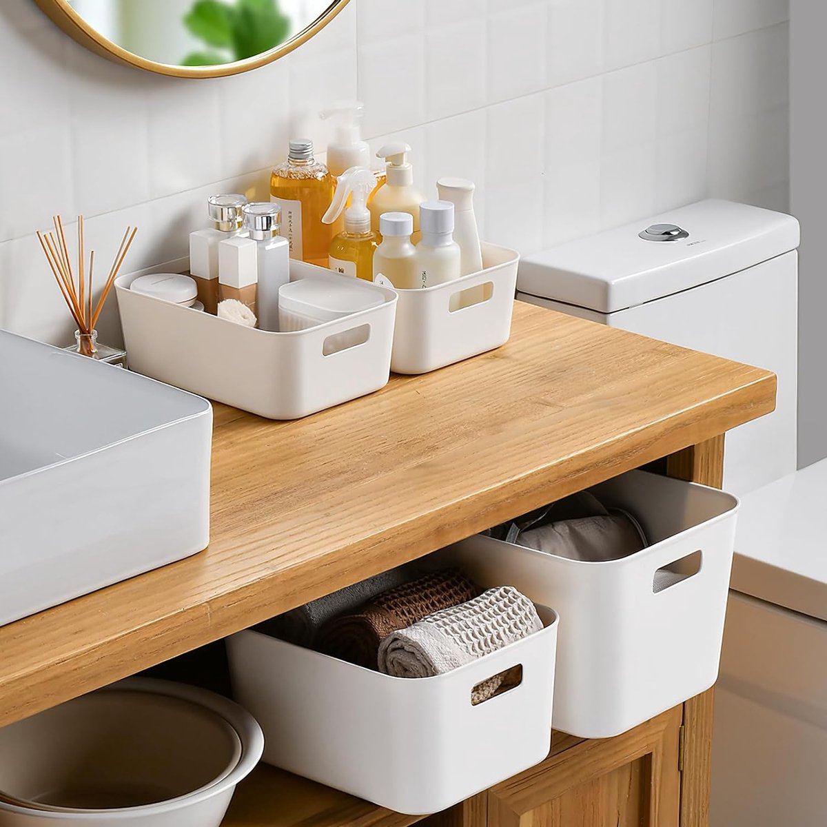 Opbergdozen van kunststof met handgrepen, wit, voor keuken, badkamer, kantoor, kunststof plank, keukenkast, 24 x 16 x 9,5 cm, 12 stuks