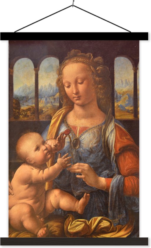 Posterhanger incl. Poster - Schoolplaat - Madonna met de anjer - Leonardo da Vinci - 60x90 cm - Zwarte latten