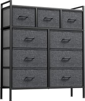 Commode, kast, opbergkast, 9 laden van stof met handgrepen, opbergcommode, metalen frame, zwart/grijs