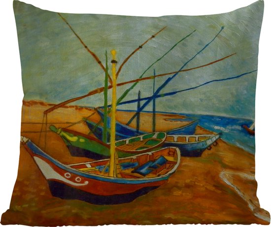 Tuinkussen - Vissersboten op het strand - Vincent van Gogh - 40x40 cm - Weerbestendig