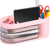 Bureau-organizer, pennenhouder, tafelorganizer, multifunctionele organizer met lade voor thuis, kantoor en badkamer, make-uptafel (roze)