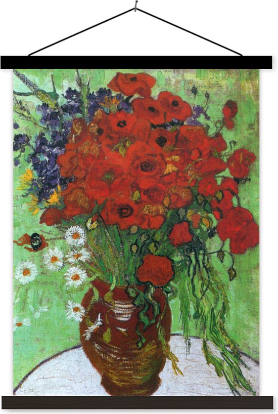 Posterhanger incl. Poster 60x80 cm - Schoolplaat - Vaas met rode papavers en madeliefjes - Vincent van Gogh - Textielposter - Zwarte latten