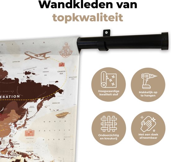 Tapisserie Cartes du mondeIllustrations de Noël - Wereldkaart avec noms de pays et diverses illustrations aux couleurs rouge foncé et marron Tapisserie coton 90x60 cm - Tapisserie avec photo