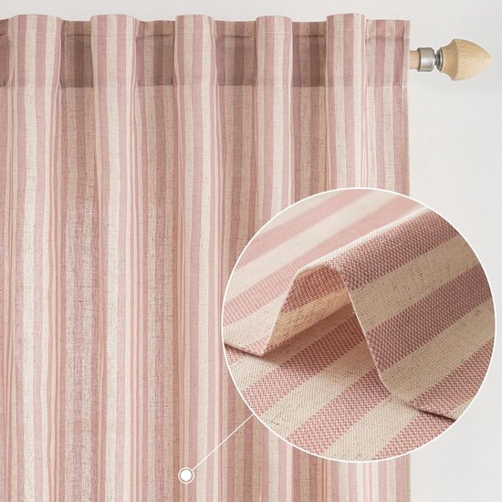 Gestreepte hoogwaardige gordijnen in linnenlook met roze strepen voor de woonkamer, set van 2 ondoorzichtige gordijnen met lussen aan de achterkant en staafzak, elk 225 cm hoog, slaapkamergordijn