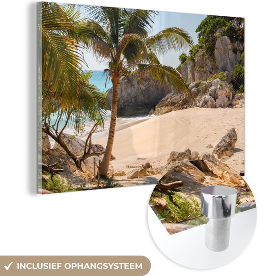 MuchoWow® Glasschilderij 150x100 cm - Schilderij acrylglas - Tropisch strand bij Riviera Maya bij Tulum in Mexico - Foto op glas - Schilderijen