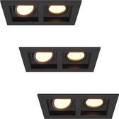 HOFTRONIC - Set van 3 Fresno Dubbele Inbouwspots - Rechthoek - 2x GU10 - 2700K Warm wit - 10 Watt 800 lumen - Kantelbaar - IP20 stofdicht - Zwart