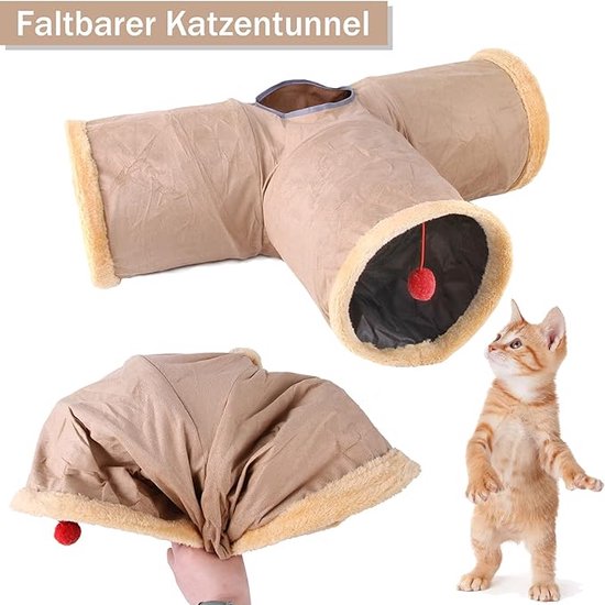 PawHut Katzentunnel, Katzenspielzeug mit 2 Häuschen, 3 Öffnungen, Faltbarer Spieltunnel aus Sisal, Plüsch, Kombiniertes Design, Beige Grau, 107 x 38 x 29 cm