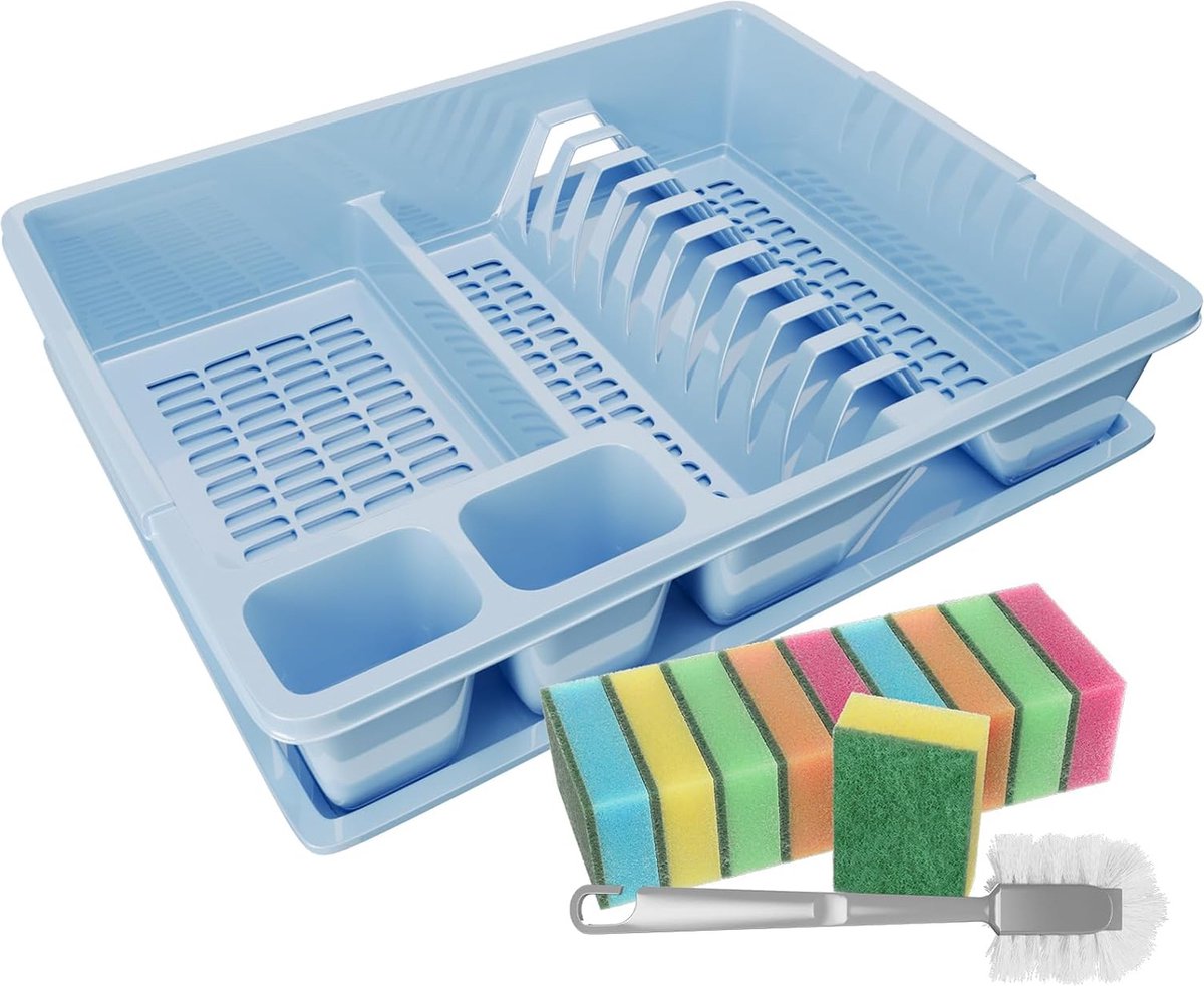 Afdruiprek reinigingsborstel en 10 sponzen ca. 44 x 35 x 9 cm (l x b x h) afdruipbak afdruiprek blauw
