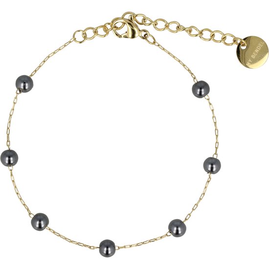 My Bendel - Goudkleurige fijne armband met zwarte parels - Fijne goudkleurige schakelarmband met zwarte parels - Met luxe cadeauverpakking