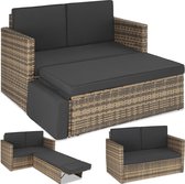 tectake® - Wicker loungesofa tuinstoel ligbed - bankstel - 2-zits fauteuil met kruk en slaapfunctie, kleine wicker bank als buitentuinmeubel, voor lounge, balkon en tuin, opvouwbaar met kussens- natuur - poly-rattan