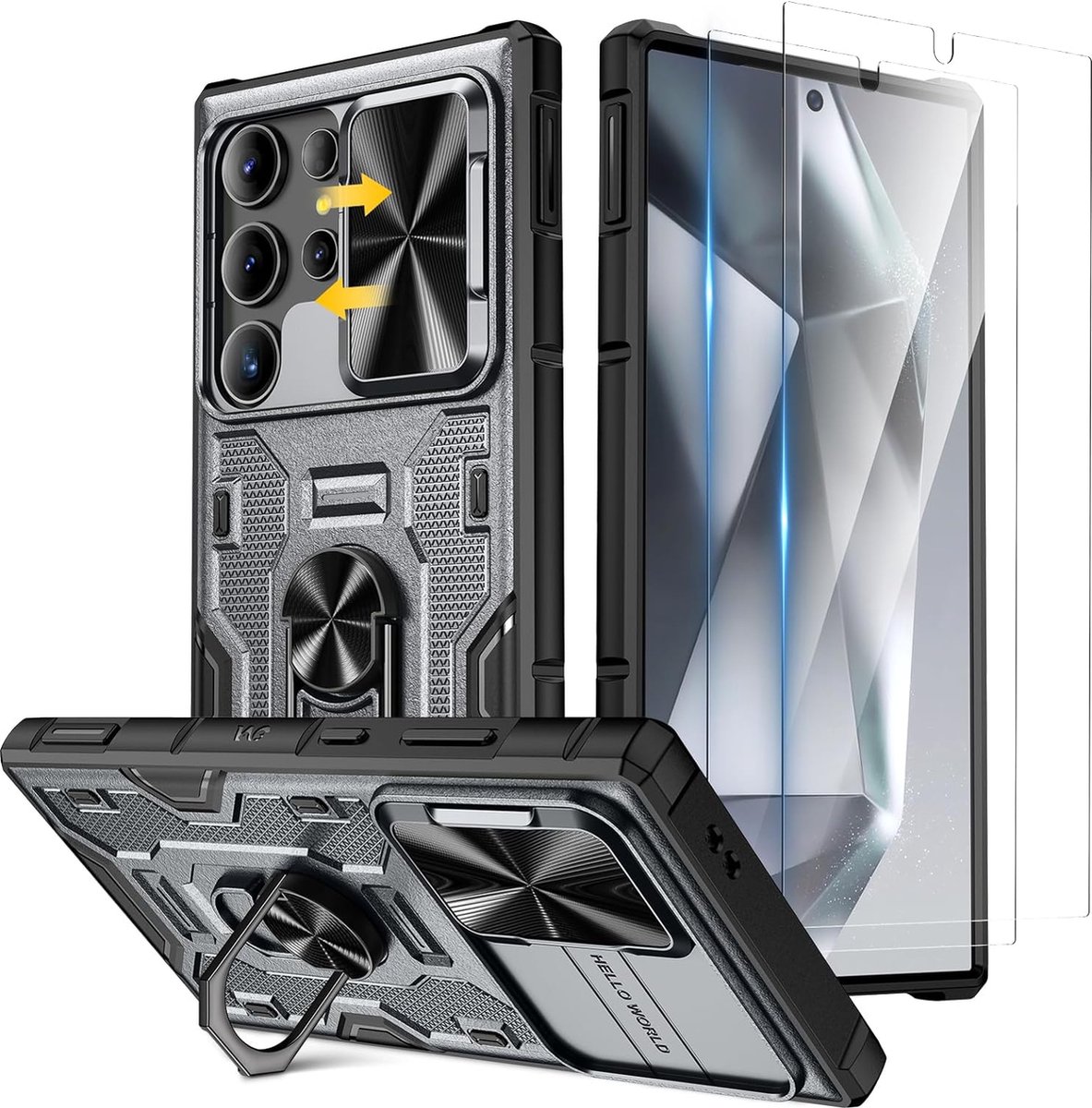 Geschikt voor Samsung Galaxy S24 Ultra - Inclusief 2 Screenprotector - Schuifcamera - Met ingebouwde 360° draaibare ringstandaard Hoesje - Grijs