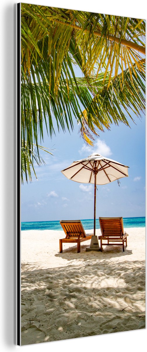 Aluminium schilderij 80x160 cm - Wanddecoratie metaal - Strandstoel - Parasol - Palmboom -