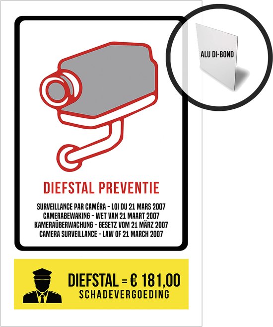 Foto: Pictogram bord alu di bond camerabewaking wetgeving maart 2007 diefstal preventie 19 x 32 cm 4 talen nl fr eng de diefstal schadevergoeding betalen cctv nederlands politie roestvrij 1 stuk