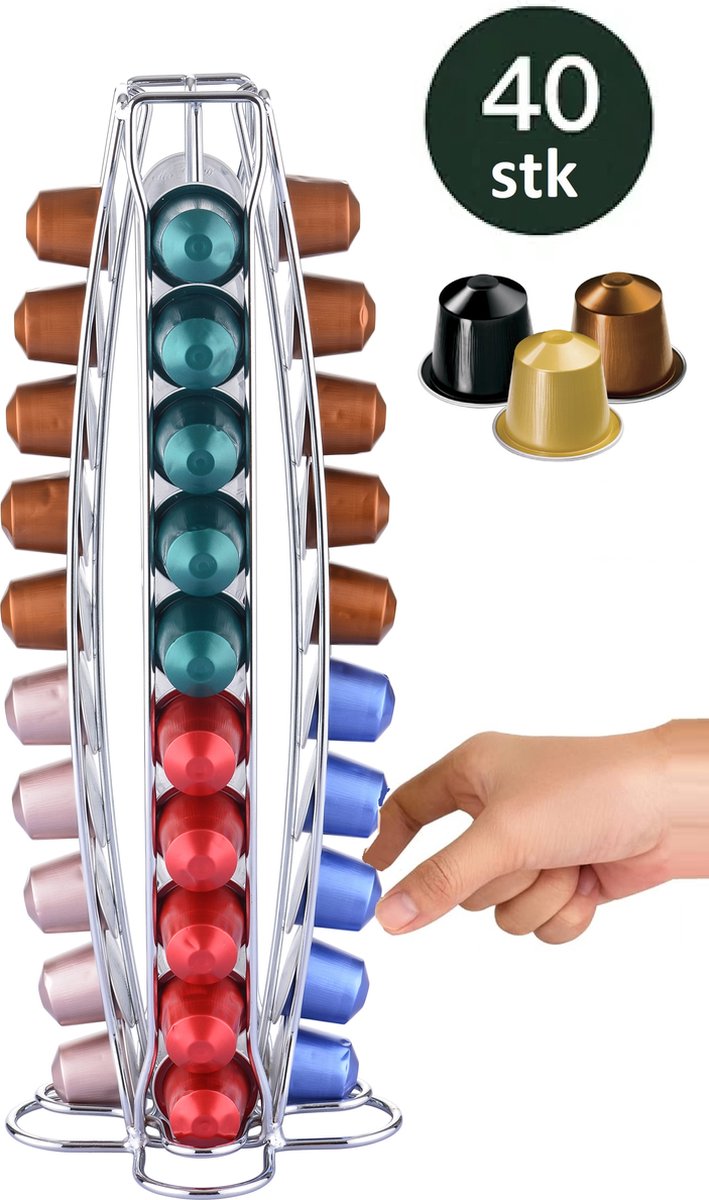Cheffinger - Dispenser voor 40 Nespresso Capsules Slanke Toren van Metaal, Zilveren