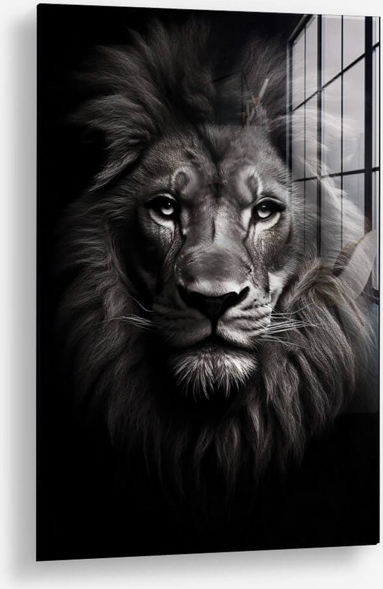 Wallfield™ - Lion en gros plan | Peinture sur verre | Verre trempé | 80 x 120 cm | Système de suspension magnétique