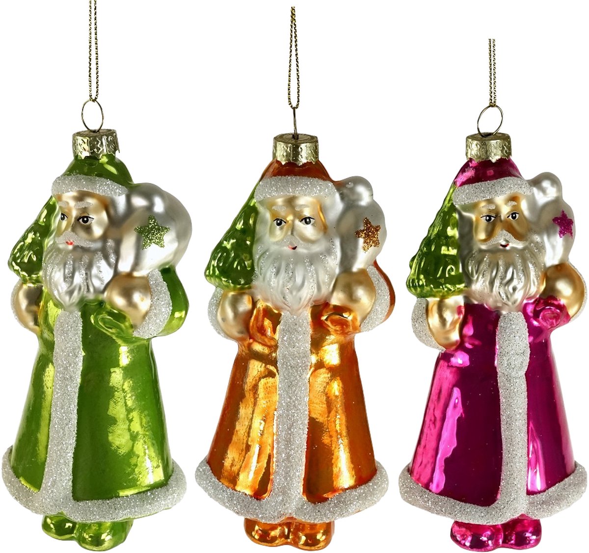 Set van 3 glazen Kerstman kerstornamenten in felle kleuren - 13cm.