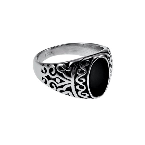 Chevalière Unisexe - Acier Inoxydable Poli - Design Ovale - Ring avec Pierre Noire Femme - Homme