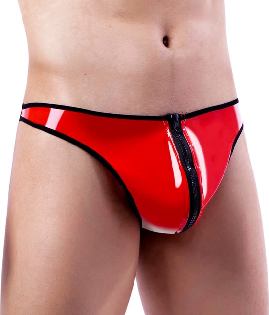 Heren Slip met Rits - Latex Look - Rood - Sexy Mannen String - One Size - Ondergoed Maat XL