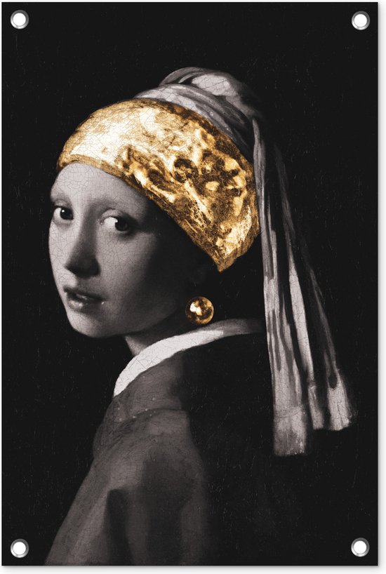 Tuindecoratie Meisje met de parel - Johannes Vermeer - Goud - 40x60 cm - Tuinposter - Tuindoek - Buitenposter