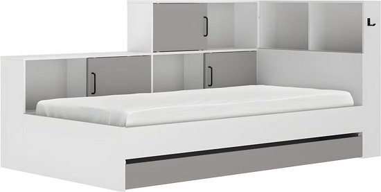 Bed met opbergruimte en lade 90 x 200 cm - Kleuren: wit en grijs - ARMAND L 221 cm x H 104 cm x D 120 cm
