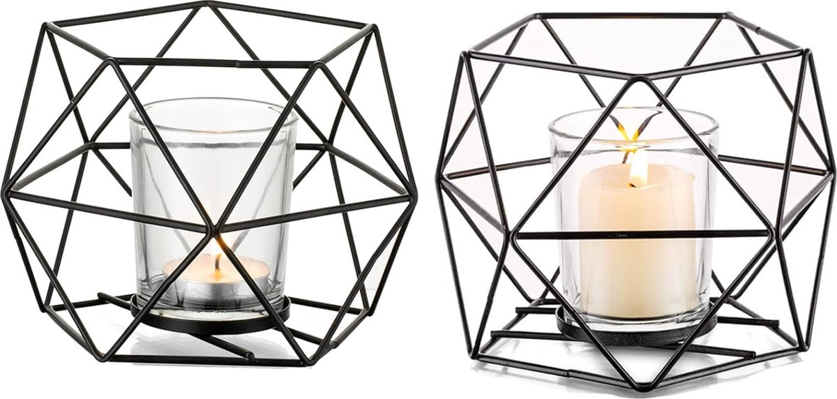 CLORD Theelichthouder - Set van 2 geometrische theelichtjes - Zwart metaal - Modern geo ontwerp