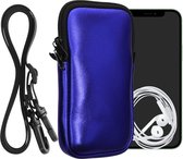 kwmobile Tasje voor smartphones XXL - 7" - Hoesje van neopreen in metallic donkerblauw - Phone case met nekkoord