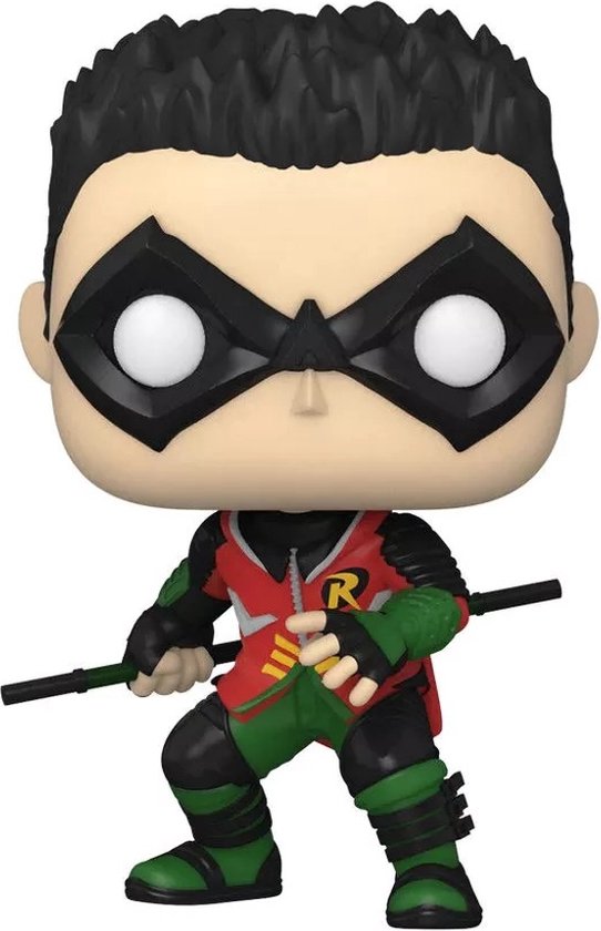 Pop! figuur van Robin in rood, groen en zwart, met masker en stok.
