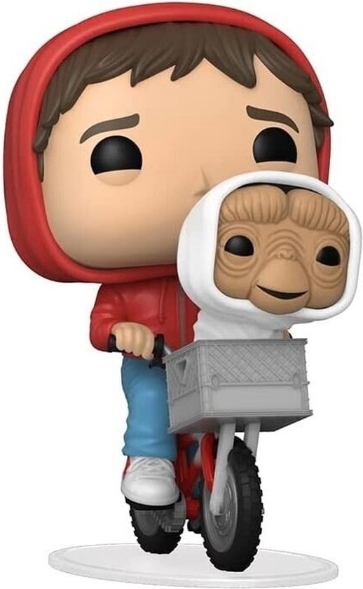 Pop-figuur van Elliott met rode hoodie en E.T. in een mandje op een fiets.