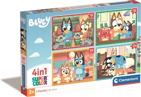 De doos van Clementoni 4-in-1 Super Color Bluey puzzels, met afbeeldingen van de vier puzzels.