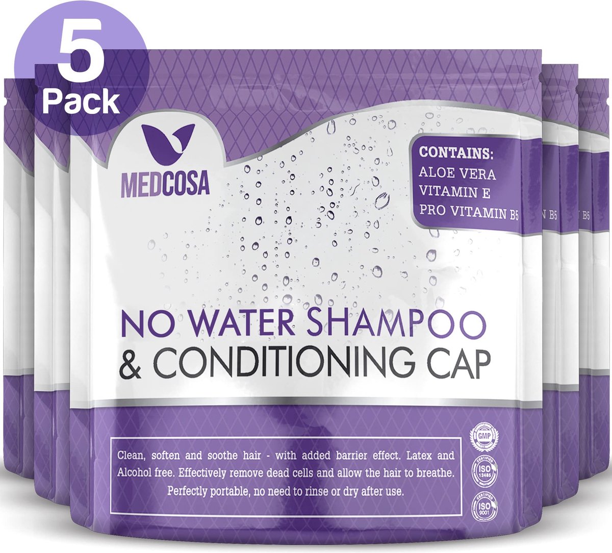 Medcosa Charlotte met shampoo zonder uitspoelen – 5 verpakkingen droge shampoo met aloë vera vitamine E en kamille – Charlotte voor het wassen van haar zonder water
