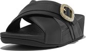 FitFlop Lulu Crystal-Buckle Leather Cross Slides ZWART - Maat 41