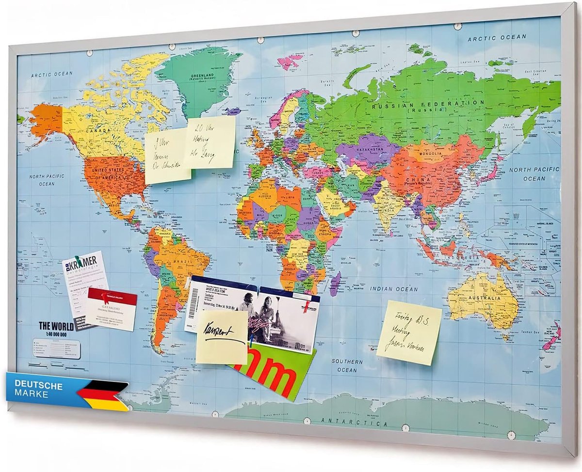 Prikbord, wereldkaart, XXL memobord van kurk met 20 markeervlaggetjes - Merkloos