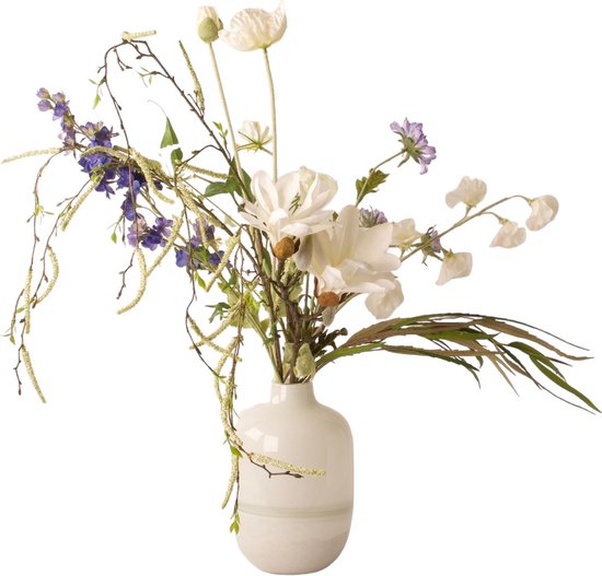 WinQ -Veldboeket van zijden bloemen compleet- Inclusief witte glasvaas - Kunstbloemen in Wit met Blauw