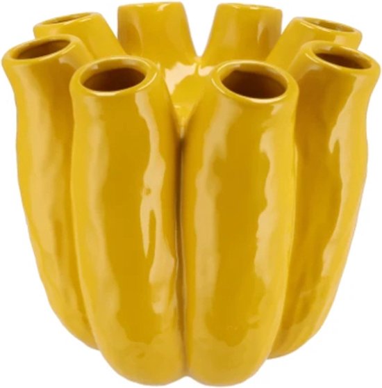 Supervintage gele aardewerk bloemen / tulpen vaas 19 cm met 8 monden