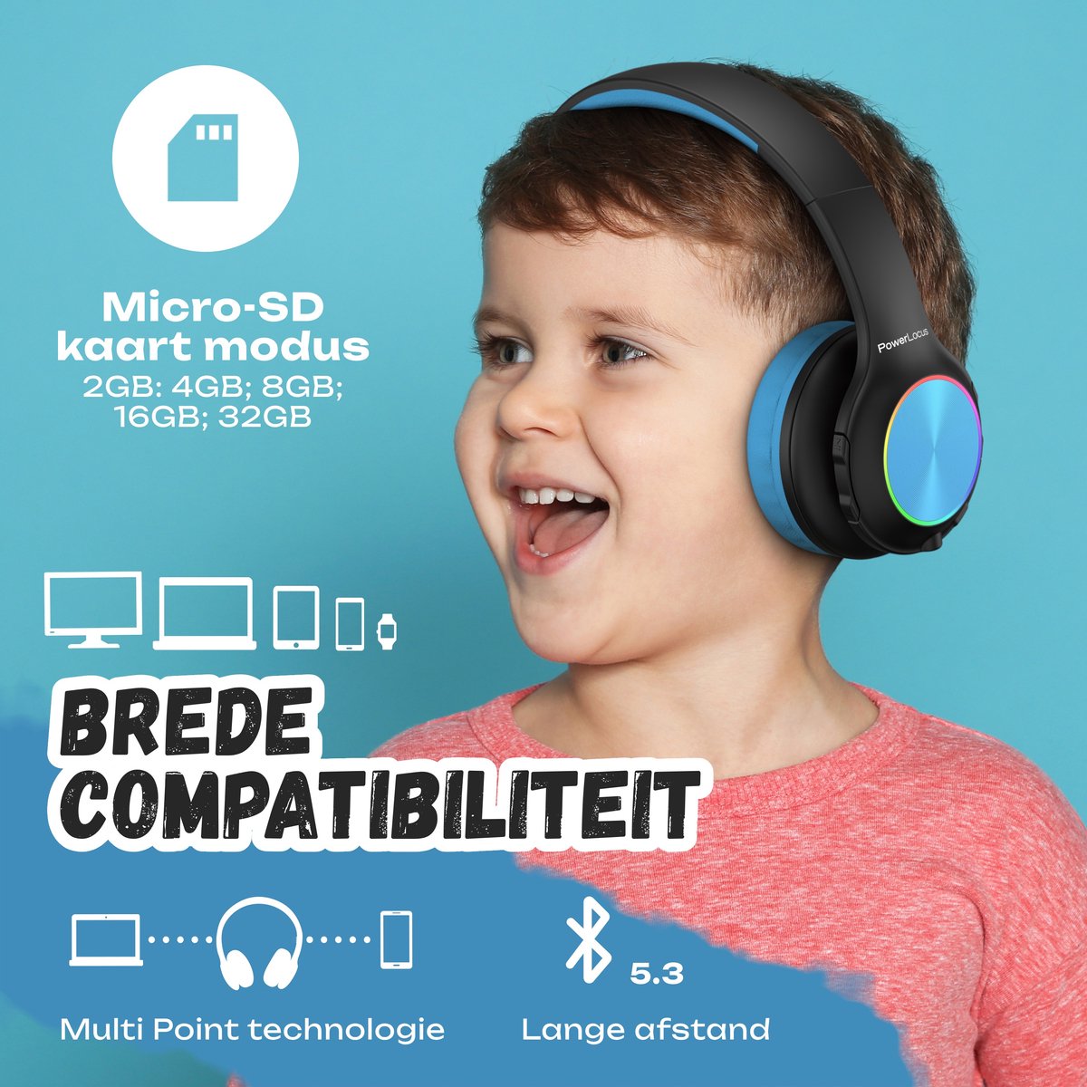 Afbeelding 3 van PowerLocus PLED Draadloze Koptelefoon Over-Ear voor Kinderen - LED lampjes - met Microfoon - Micro SD poort - Zwart/Blauw