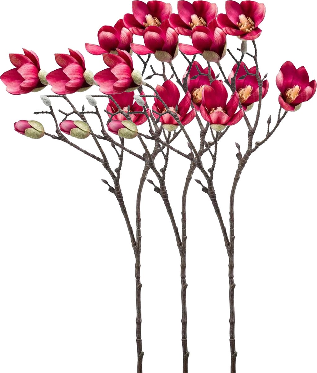 Emerald Kunstbloem Magnolia tak - 3x - 65 cm - dieproze - Kunst zijdebloemen Donkerroze