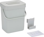 Gft afvalbakje voor aanrecht of aan keuken kastje - 5L - grijs - afsluitbaar - 24 x 19 x 14 cm - compostbakje met ophang beugel
