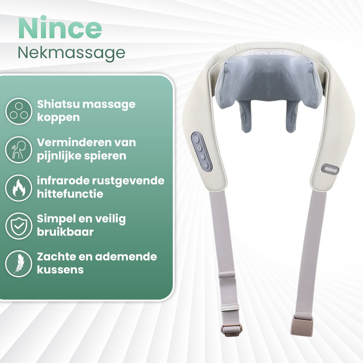 Nince Nekmassage Apparaat met Infrarood Shiatsu - afbeelding 2