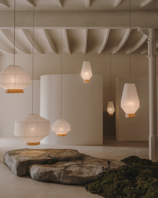 Kave Home - Lampenkap Hila voor plafondlamp van wit papier en natuurlijk houtfineer Ø 55 cm